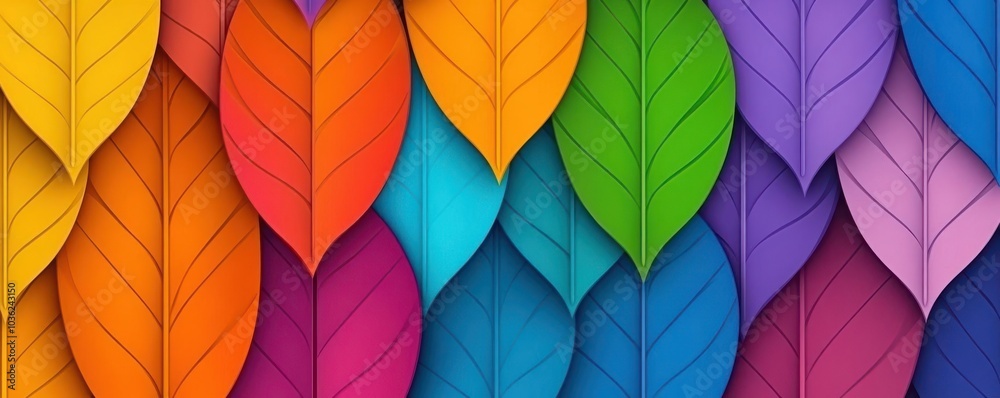 Naklejka premium Abstract pattern of overlapping leaves, vibrant colors, geometric style, symmetry, minimalist composition