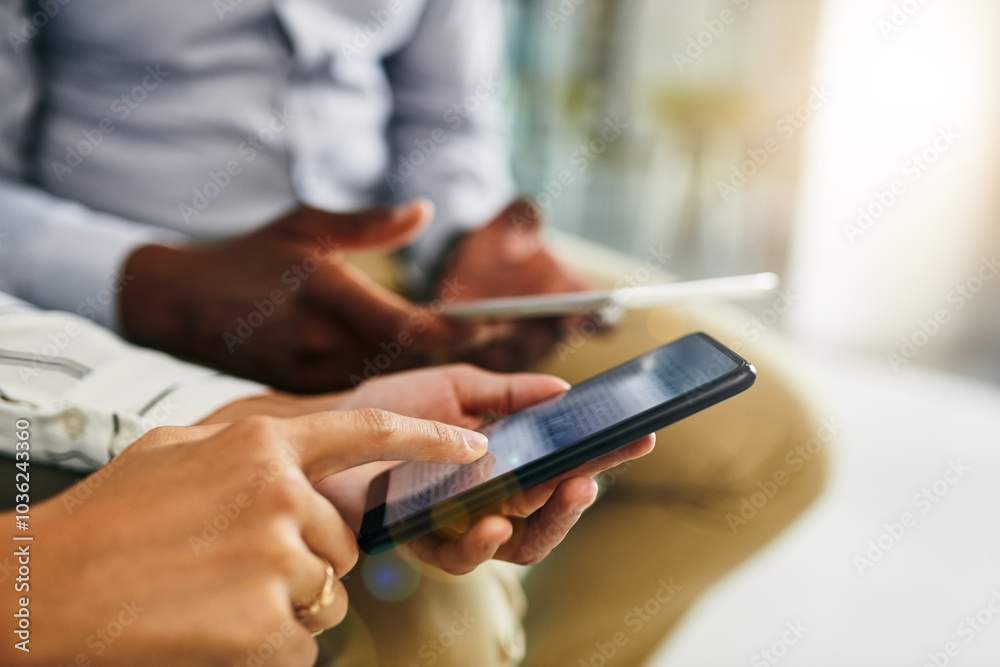 Business people, hands and phone with post on social media with tech, networking and break in office. Professional, mobile and online with typing, technology and digital communication with staff