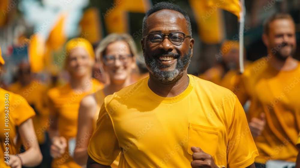 A charity run or walk with participants in gold clothes and banners raising funds for childhood cancer research. A charity run or walk with participants in gold clothes and banners raising funds for childhood cancer research.