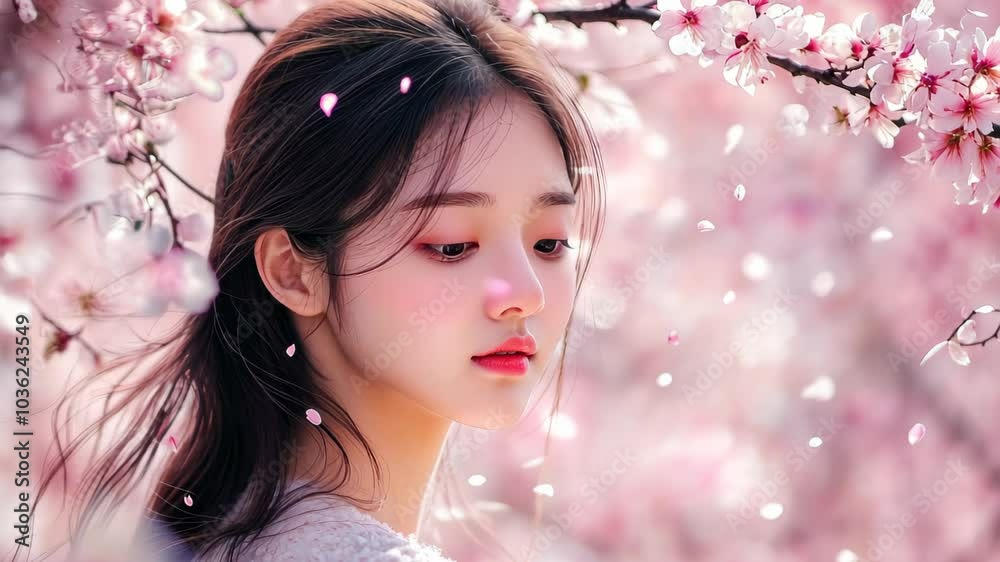 A beautiful girl in the blossom garden surrounded by blooming cherry blossoms. A beautiful girl in the blossom garden surrounded by blooming cherry blossoms.