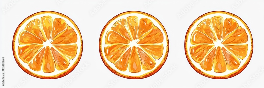 Three Orange Slices with Detailed Texture and White Background Three Orange Slices with Detailed Texture and White Background