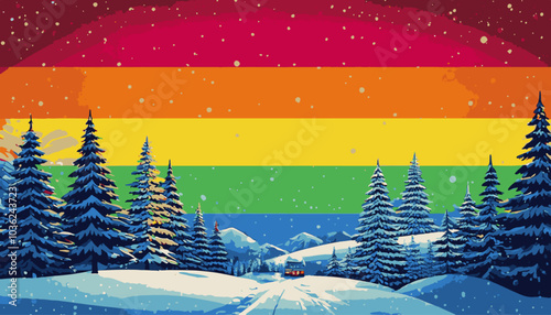A stunning winter scene featuring vibrant hues from the LGBTQ+ palette. The snow-covered landscape and frosty trees create a magical  Christmas atmosphere. 