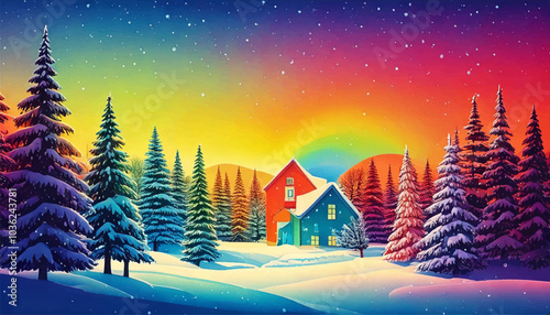 A stunning winter scene featuring vibrant hues from the LGBTQ+ palette. The snow-covered landscape and frosty trees create a magical  Christmas atmosphere. 