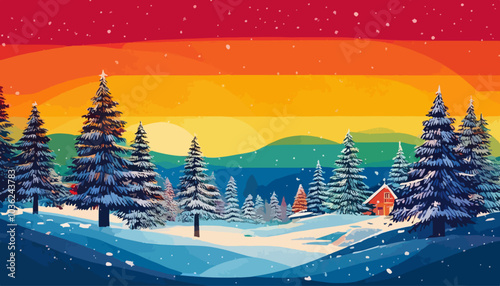 A stunning winter scene featuring vibrant hues from the LGBTQ+ palette. The snow-covered landscape and frosty trees create a magical  Christmas atmosphere. 