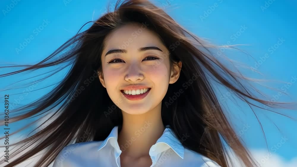 Beautiful woman smiling hair blowing in the wind blue sky background. Beautiful woman smiling hair blowing in the wind blue sky background.