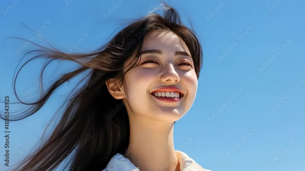 Beautiful woman smiling hair blowing in the wind blue sky background. Beautiful woman smiling hair blowing in the wind blue sky background.