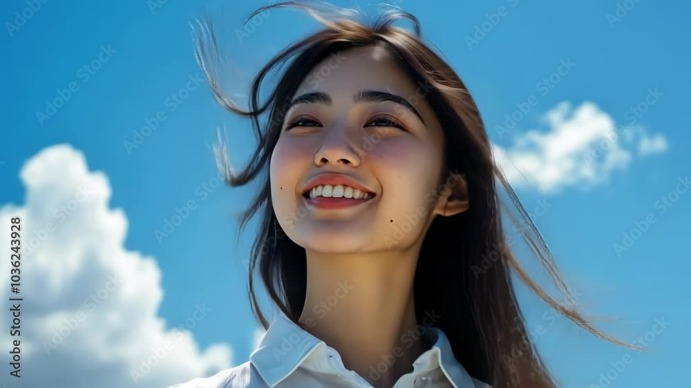 Beautiful woman smiling hair blowing in the wind blue sky background. Beautiful woman smiling hair blowing in the wind blue sky background.