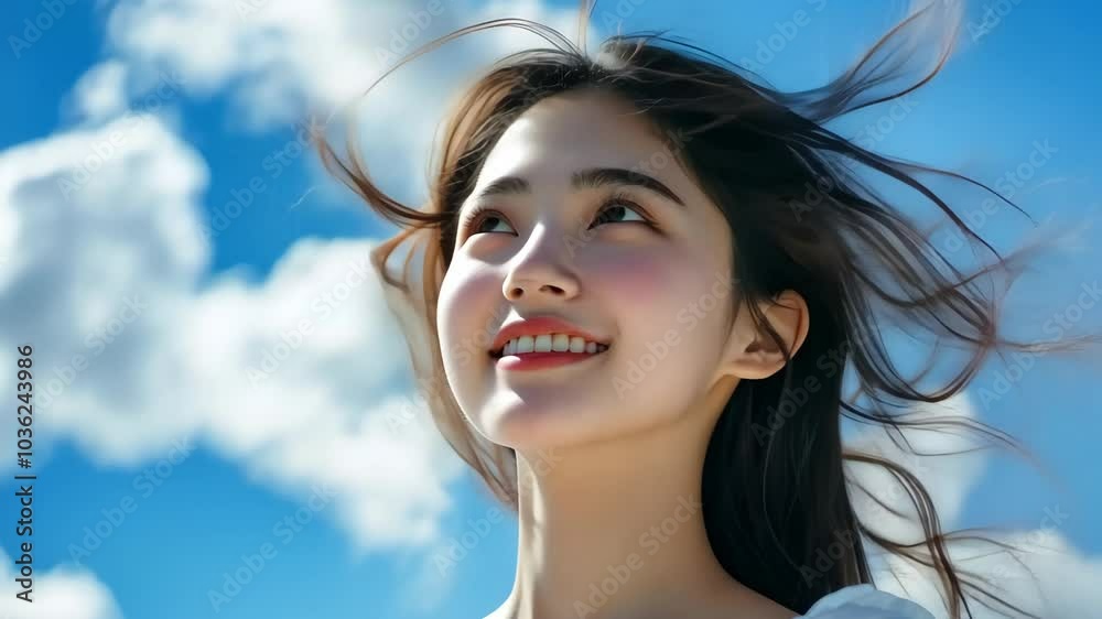Beautiful woman smiling hair blowing in the wind blue sky background. Beautiful woman smiling hair blowing in the wind blue sky background.