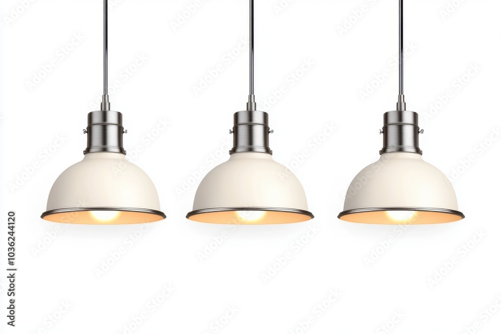 Obraz premium Three modern pendant lights with metallic accents on a white isolate background.