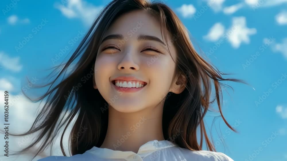 Beautiful woman smiling hair blowing in the wind blue sky background. Beautiful woman smiling hair blowing in the wind blue sky background.