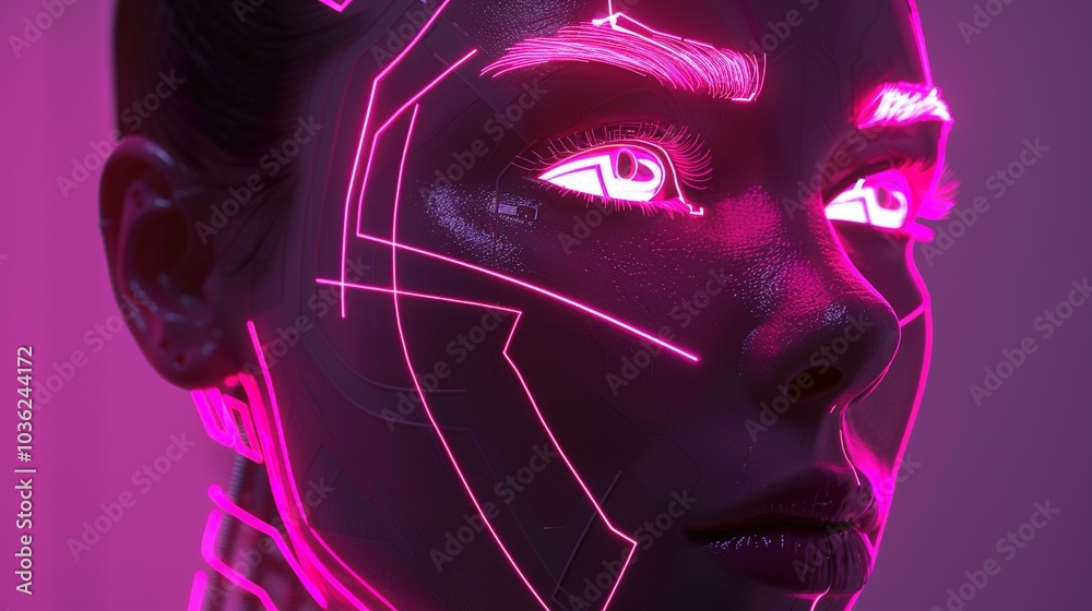 Close-up of a woman's face with pink neon lines and glowing eyes Close-up of a woman's face with pink neon lines and glowing eyes