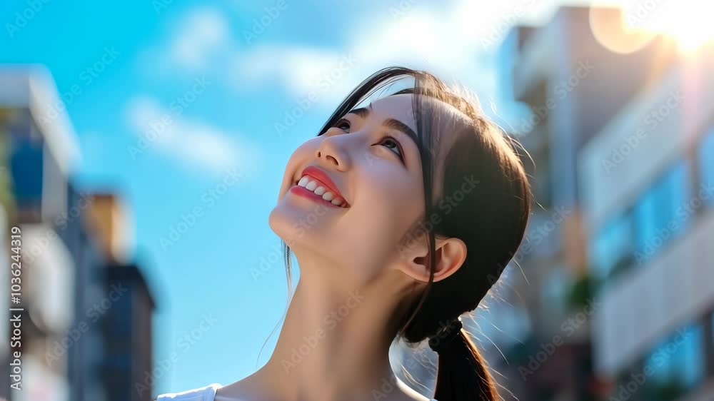 Beautiful woman smiling hair blowing in the wind blue sky background. Beautiful woman smiling hair blowing in the wind blue sky background.