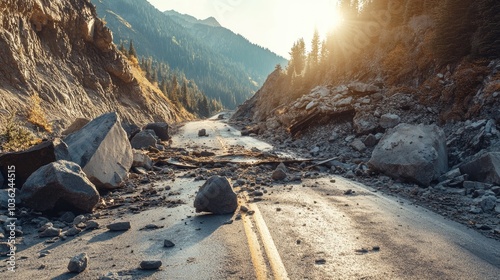 Rockslide is covering a mountain road at sunset photo