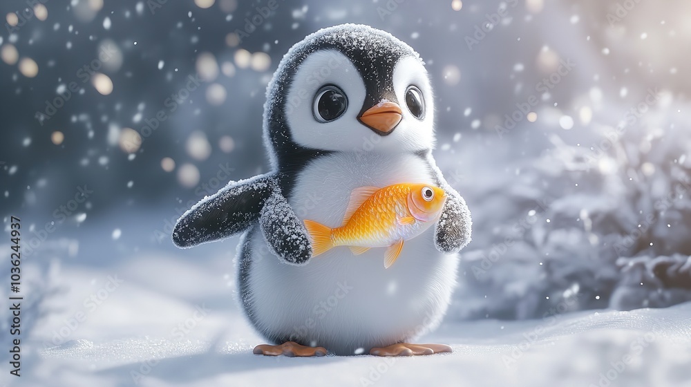 3D Cute Baby Penguin with Pastel Colors Holding an Adorable Object 3D Cute Baby Penguin with Pastel Colors Holding an Adorable Object