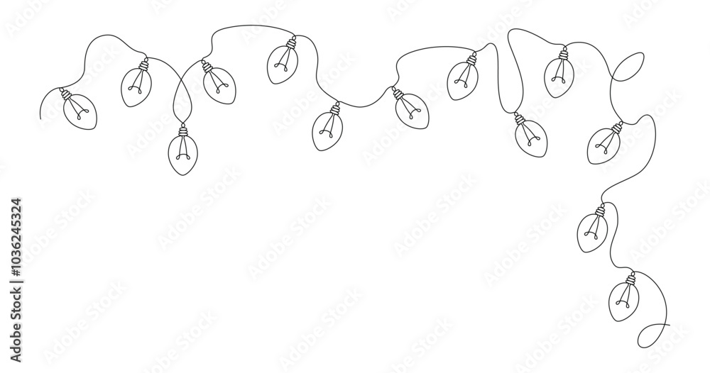 Christmas garland with bulbs in one continuous line in simple linear style. Minimalistic vector editable outline. Christmas garland with bulbs in one continuous line in simple linear style. Minimalistic vector editable outline.