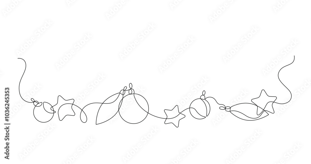 Festive stars and balls drawn with continuous line in minimalism, one line. Editable vector outline. Festive stars and balls drawn with continuous line in minimalism, one line. Editable vector outline.