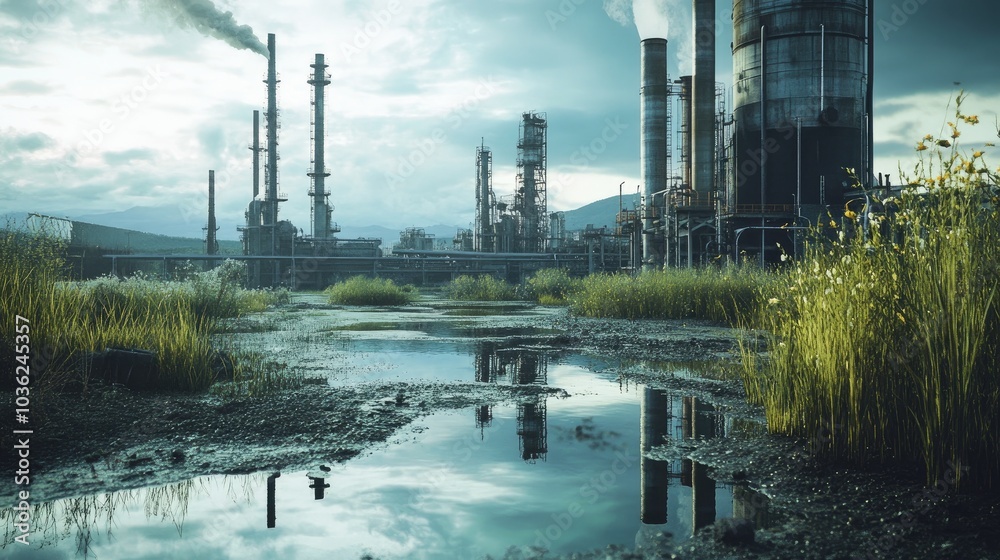 Obraz premium Puddle of water is reflecting an industrial landscape