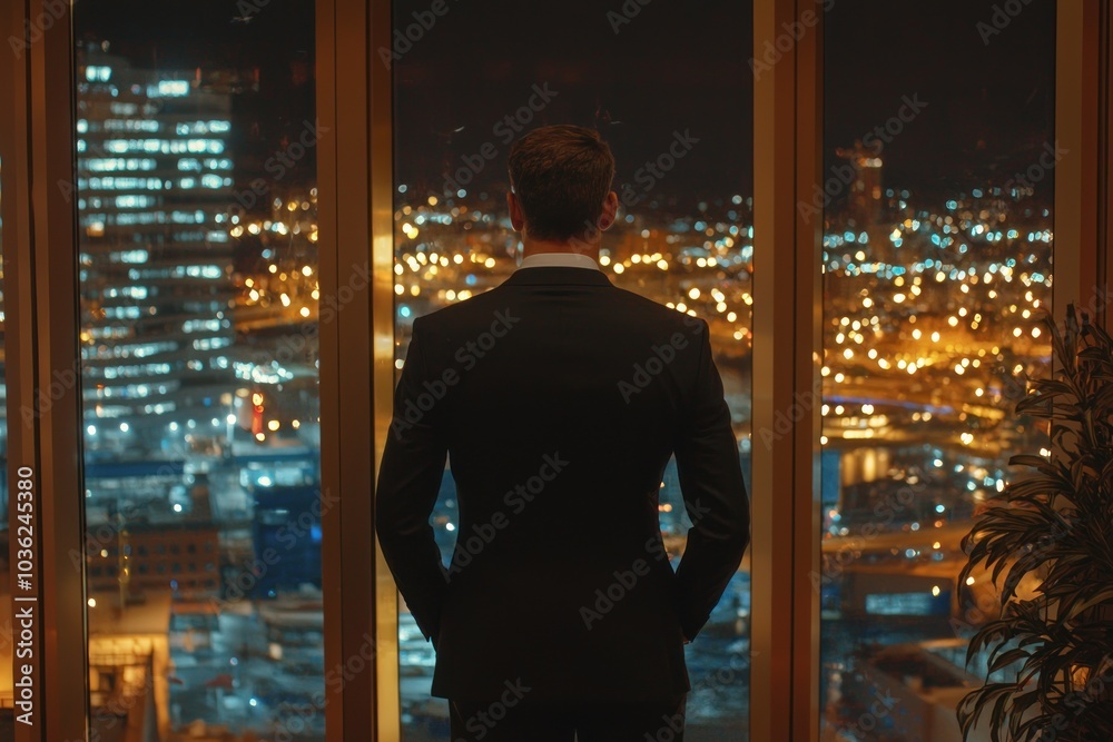 Man in Suit Looking Out Window at Night Cityscape Man in Suit Looking Out Window at Night Cityscape