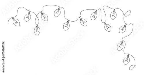Christmas garland with bulbs in one continuous line in simple linear style. Minimalistic vector editable outline.