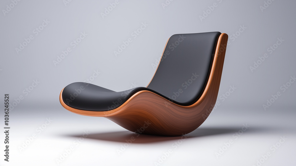 Sleek and modern lounge chair featuring curved wooden base and smooth black leather seat, perfect for contemporary interiors. Sleek and modern lounge chair featuring curved wooden base and smooth black leather seat, perfect for contemporary interiors.