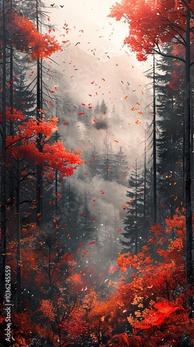 Enchanting Foggy Forest with Red Leaves in Autumn