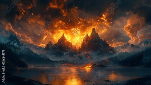 A powerful scene of Norse gods debating the end of the world, with storm clouds, fire, and ancient symbols appearing in the sky, the rugged mountain landscape reflecting their divine energy photo