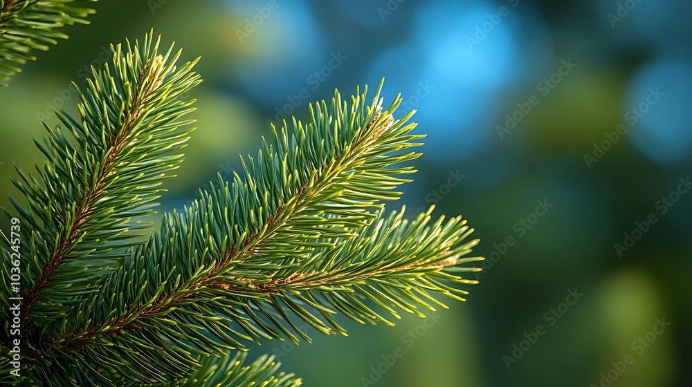 Close-up of a pine tree branch with green needles against a blurred background of blue sky and green foliage. Close-up of a pine tree branch with green needles against a blurred background of blue sky and green foliage.