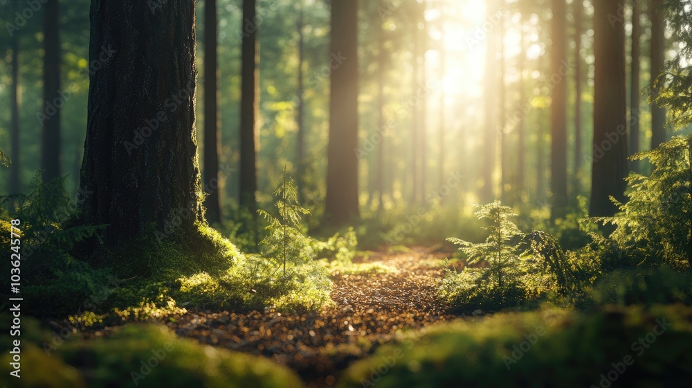 Obraz premium Sunbeams illuminating moss covered forest floor