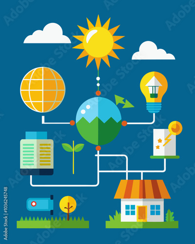 An infographic explaining the process of how solar panels convert sunlight into usable energy.. Vector illustration