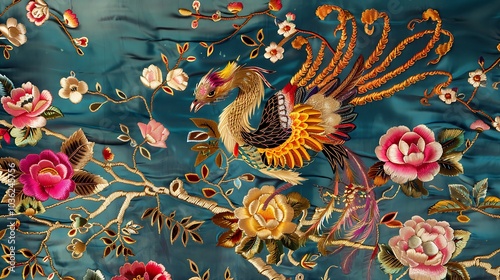 Traditional Chinese embroidery on silk cloth displaying a stunning phoenix and peonies with vibrant colors and detailed stitching highlighting the rich cultural history and artistic expression