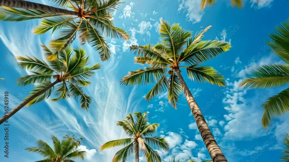 Stunning tropical landscape of palm trees under bright blue sky, with vibrant green leaves and fluffy clouds, perfect for summer vacation in natures paradise. Stunning tropical landscape of palm trees under bright blue sky, with vibrant green leaves and fluffy clouds, perfect for summer vacation in natures paradise.