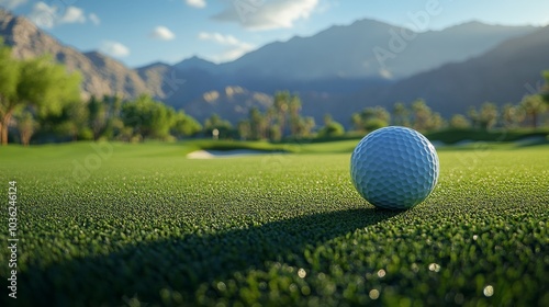 Golf ball suspended mid-air in a perfect tee shot, sunlight glistening on the green course, mountainous backdrop, golf action, focus and intensity