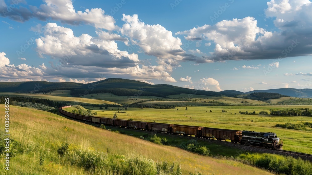 Obraz premium A freight train passing through a scenic countryside, rural setting with rolling hills, Natural style