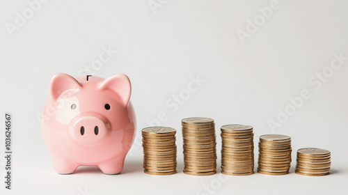 A piggy bank standing next to increasing stacks of coins, symbolizing savings growth