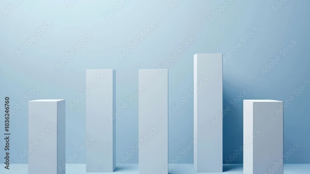 Five White Cubical Platforms Against a Light Blue Wall Five White Cubical Platforms Against a Light Blue Wall