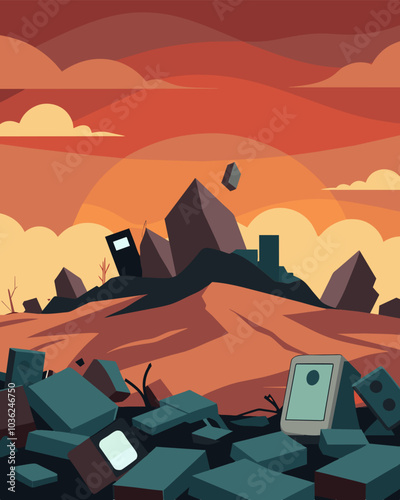 From afar the ewaste pile looks like a desolate wasteland with broken gadgets tered across the barren landscape.. Vector illustration photo