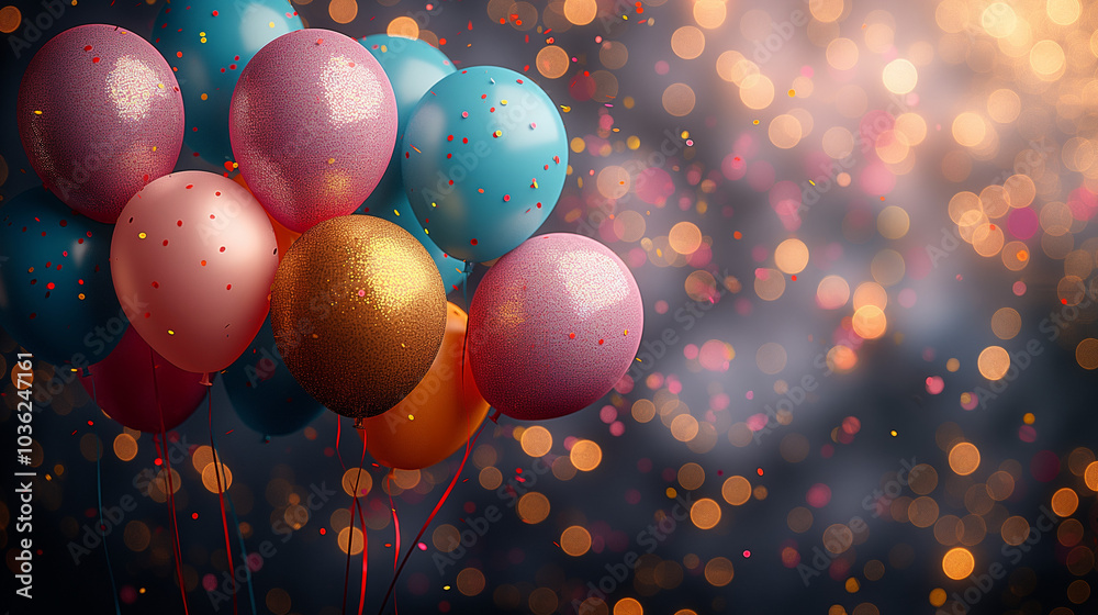 Title: Festive celebration with colorful balloons, glitter, and confetti against twinkling lights background
Title: Festive celebration with colorful balloons, glitter, and confetti against twinkling lights background