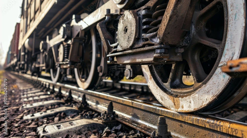 A freight train's wheel on a railway track, rural setting with gravel and ties, Rustic style A freight train's wheel on a railway track, rural setting with gravel and ties, Rustic style