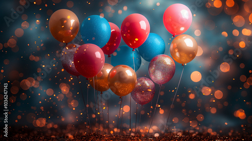 Wallpaper Mural Title: Festive celebration with colorful balloons, glitter, and confetti against twinkling lights background
 Torontodigital.ca