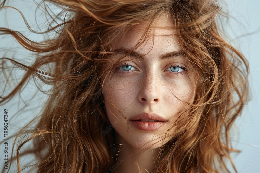 A young woman with blue eyes gazes directly, her hair flowing in the wind. Concept: Natural beauty and tranquility. For haircare product advertising. A young woman with blue eyes gazes directly, her hair flowing in the wind. Concept: Natural beauty and tranquility. For haircare product advertising.
