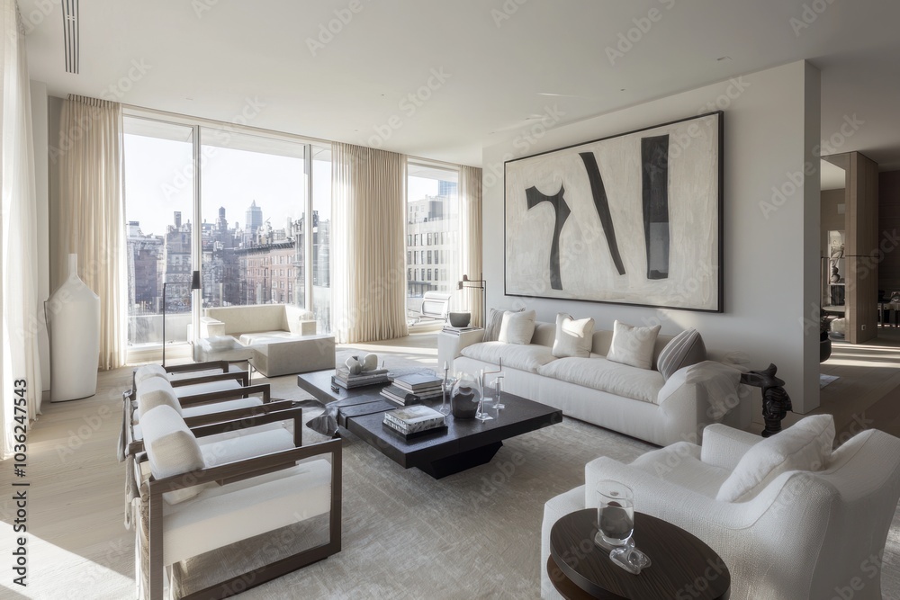Modern Living Room with City Views and Abstract Artwork Modern Living Room with City Views and Abstract Artwork