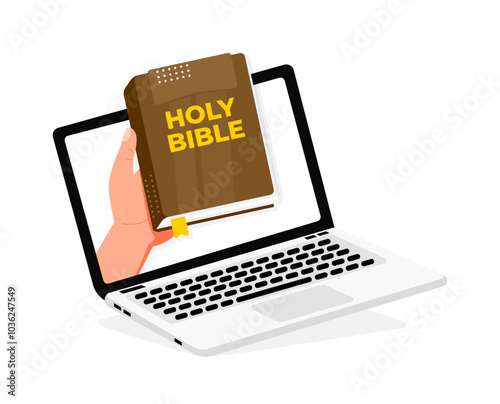 Hand holding holy bible coming out of laptop screen