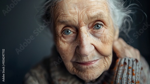 Close Up Portrait of an Elderly Woman with Wrinkles and Blue Eyes