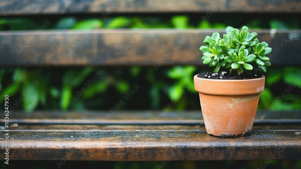 Potted Plant on Wooden Bench in Natural Setting Potted Plant on Wooden Bench in Natural Setting