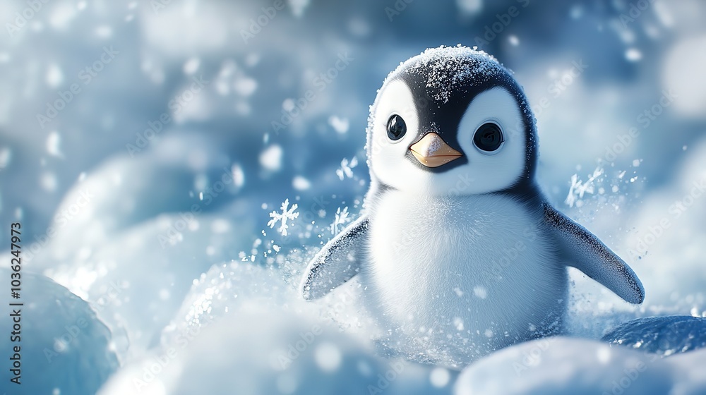Obraz premium Playful 3D Cute Baby Penguin Sliding Joyfully on a Soft Pastel Colored Surface