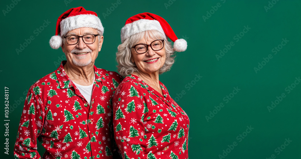 Smiling elderly couple in matching Christmas pajamas and Santa hats on green background. Family celebration, grandparents, elderly love, senior  joysenior  joy