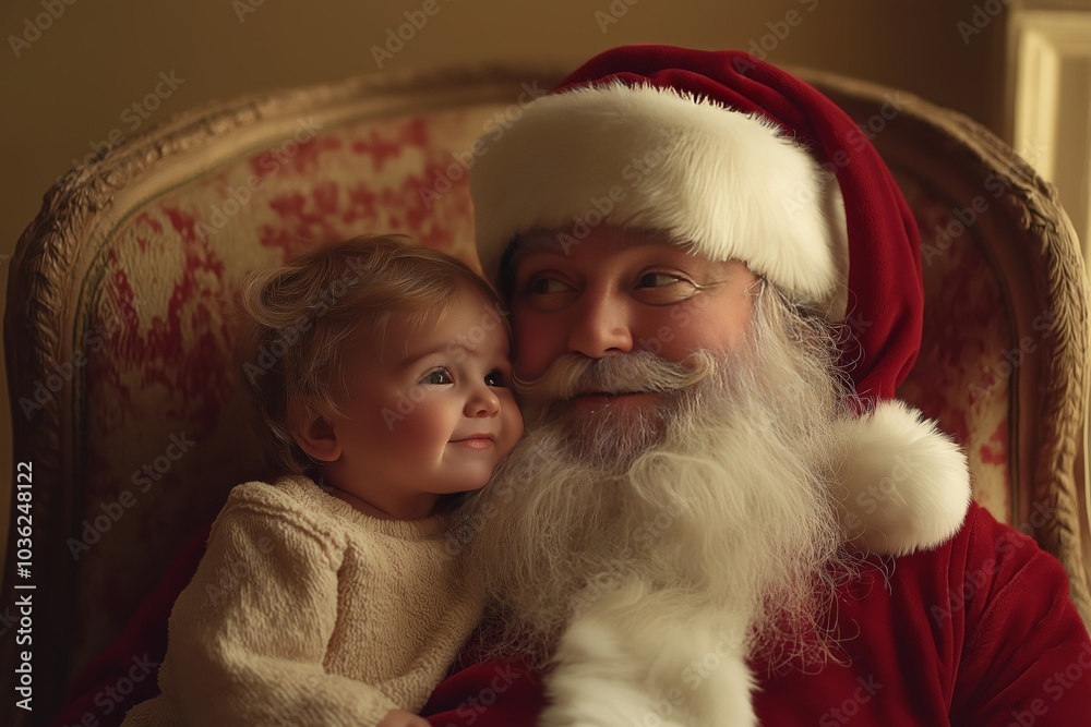 Portrait of Santa Claus sitting in armchair with kid on his knees Portrait of Santa Claus sitting in armchair with kid on his knees