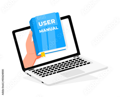 Hand holding user manual from laptop screen online education concept