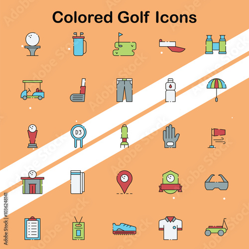 Set of golf icons illustrating various golfing equipment and activities suitable for sports and leisure themes.