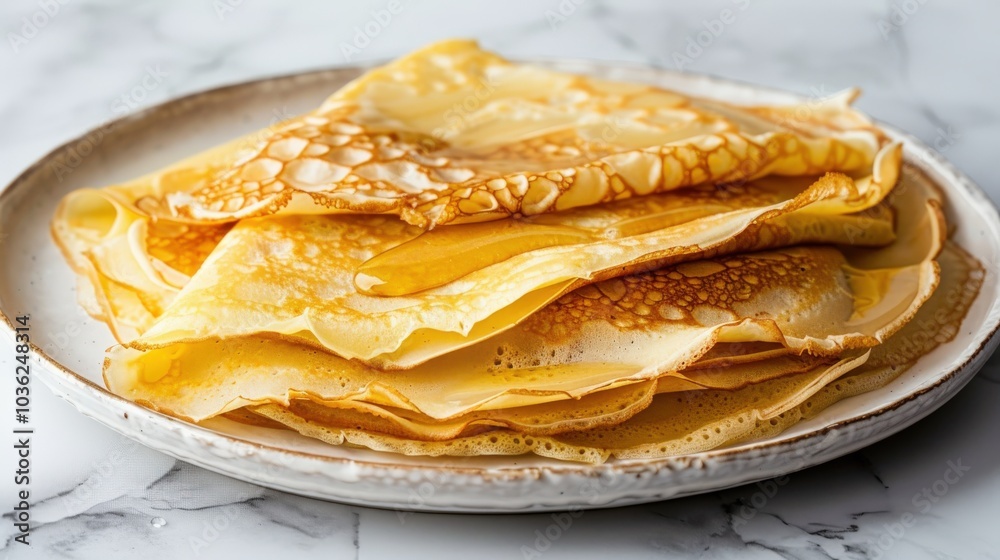 Golden Honey-Drizzled Crepes on White Plate Golden Honey-Drizzled Crepes on White Plate